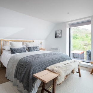 Medium sized scandi master bedroom in Cornwall with white walls, carpet and beige floors.