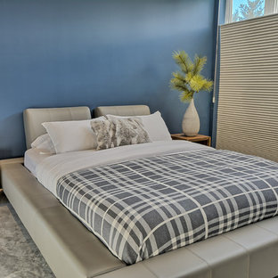 Ejemplo de dormitorio principal, contemporáneo, de tamaño medio, sin chimenea, con paredes azules y suelo de cemento