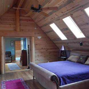 Imagen de dormitorio principal, actual, grande, con paredes púrpuras, suelo de bambú, chimenea de doble cara y marco de chimenea de piedra