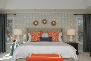 Example of a mid-sized transitional master carpeted bedroom design in Vancouver with gray walls