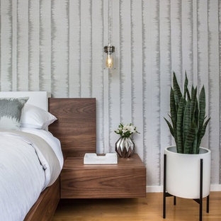 Ejemplo de dormitorio principal, contemporáneo, con paredes grises, suelo de madera en tonos medios y suelo naranja