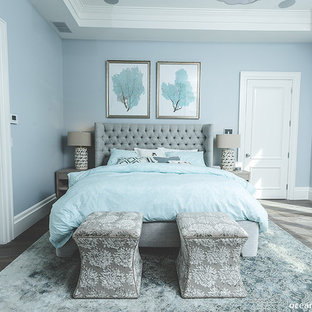 Diseño de dormitorio principal, actual, grande, con paredes azules y suelo de madera en tonos medios