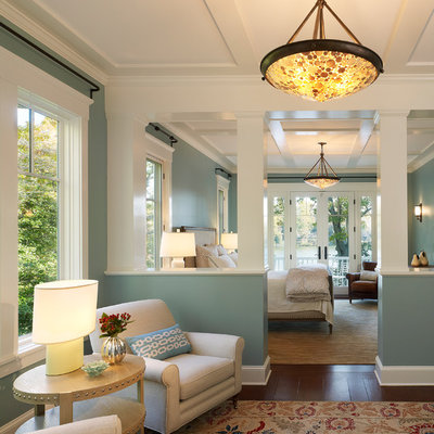 Bedroom - coastal dark wood floor bedroom idea in DC Metro with blue walls