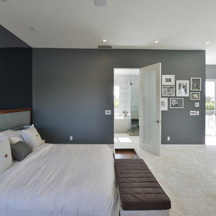 Großes Modernes Hauptschlafzimmer mit grauer Wandfarbe, Teppichboden, Kamin und Kaminumrandung aus Metall in Los Angeles