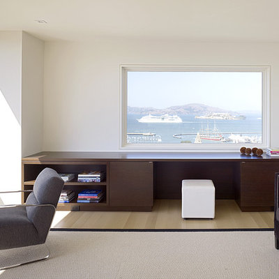 Inspiration for a modern light wood floor bedroom remodel in San Francisco with white walls