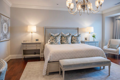 Imagen de dormitorio principal y beige clásico renovado de tamaño medio sin chimenea con paredes beige, suelo de madera oscura y suelo marrón