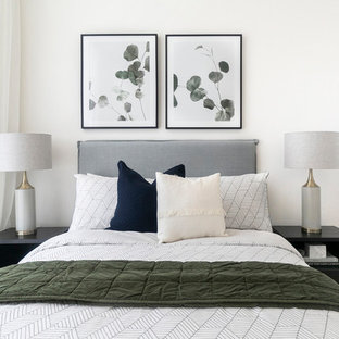 Inspiration for a contemporary bedroom in Sydney with white walls, carpet and beige floor.