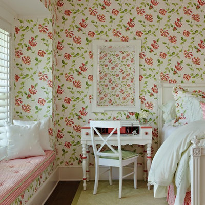 Mid-sized cottage chic guest dark wood floor bedroom photo in Other with multicolored walls