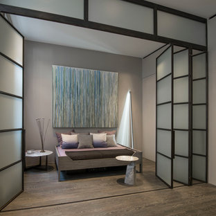 Imagen de dormitorio tipo loft, moderno, de tamaño medio, con paredes grises y suelo de madera en tonos medios