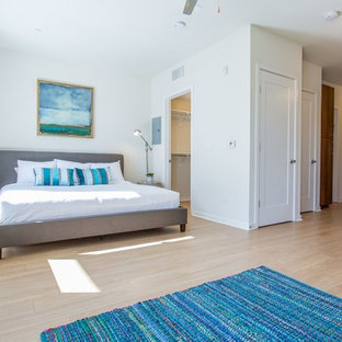 Diseño de dormitorio tipo loft, actual, pequeño, con paredes blancas y suelo de madera clara