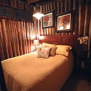 Kleines Uriges Gästezimmer mit brauner Wandfarbe und Sperrholzboden in Philadelphia