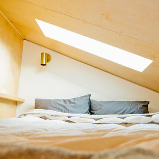 Modelo de dormitorio tipo loft, pequeño, sin chimenea, con paredes blancas