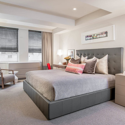 Inspiration for a large contemporary master carpeted and gray floor bedroom remodel in New York with white walls and no fireplace