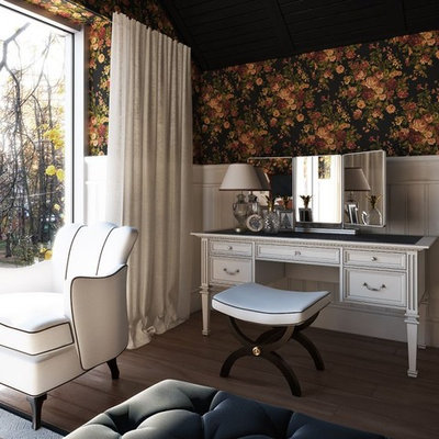 Bedroom - transitional dark wood floor bedroom idea in Sacramento with beige walls