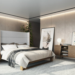 Diseño de dormitorio principal, madera y ladrillo, contemporáneo, de tamaño medio, ladrillo, con paredes marrones, suelo de madera oscura, suelo gris y ladrillo
