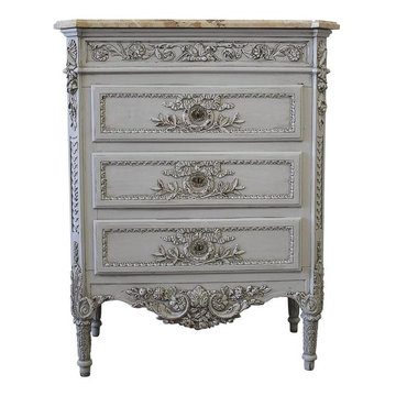 Louis XVI Style Painted and Carved Ribbon Chest of Drawers with Marble Top