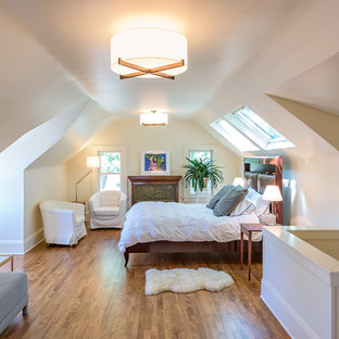 Foto de dormitorio tipo loft, tradicional, pequeño, con paredes blancas, suelo de madera en tonos medios, chimenea tradicional y marco de chimenea de metal
