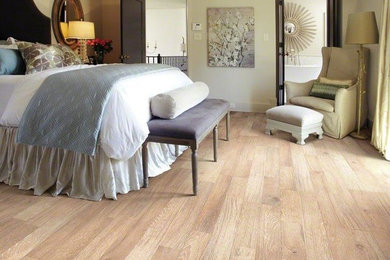 Inspiration for a mid-sized transitional master light wood floor bedroom remodel in Phoenix with beige walls and no fireplace