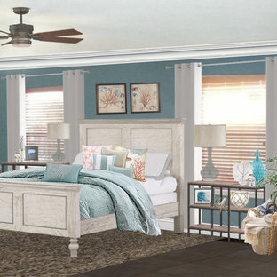 Imagen de dormitorio principal, costero, de tamaño medio, con paredes azules, suelo de pizarra y suelo multicolor