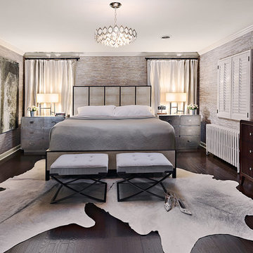 Luminous Master Bedroom with Grass Wallcovering and Cow Hides