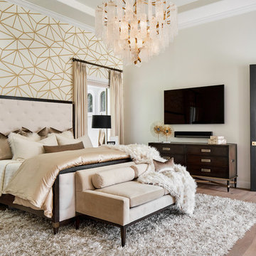 Luxe Master Bedroom with Gold and White Wallpaper Feature Wall
