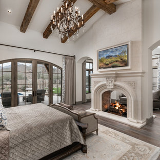 Ejemplo de dormitorio principal, de estilo americano, extra grande, con paredes blancas, suelo de madera oscura, chimenea de doble cara, marco de chimenea de piedra y suelo marrón