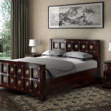 Madison Solid Wood Brass Accent Platform Bed w Foot & Headboard