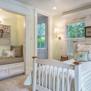 Design ideas for a medium sized country guest bedroom in Miami with green walls, carpet and no fireplace.