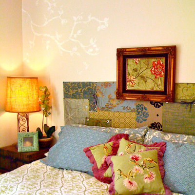 Inspiration for an eclectic bedroom remodel in San Francisco with beige walls