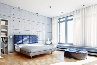 Bedroom - large modern master light wood floor bedroom idea in Miami with blue walls and no fireplace
