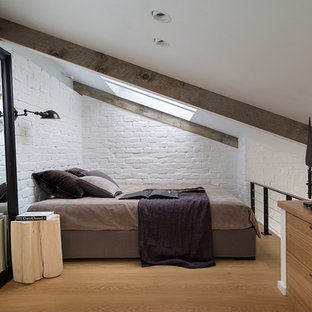 Ejemplo de dormitorio tipo loft, industrial, pequeño, con paredes blancas y suelo de madera clara