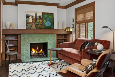Large 1950s master dark wood floor and brown floor bedroom photo in Detroit with white walls, a standard fireplace and a tile fireplace