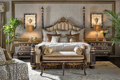 Inspiration for a large classic master bedroom in Los Angeles with beige walls and beige floors.