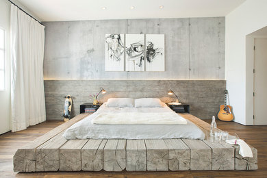 Large urban master medium tone wood floor bedroom photo in Santa Barbara with gray walls