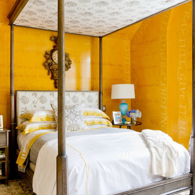 Inspiration for a contemporary bedroom remodel in New York with yellow walls