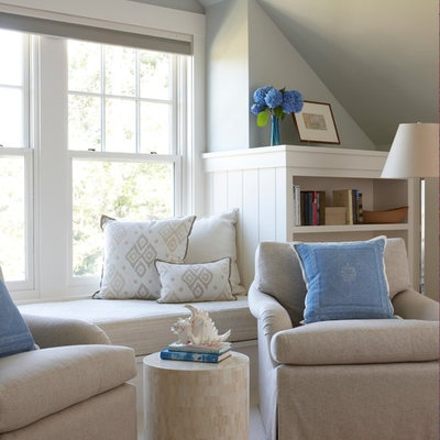 Small beach style master carpeted and beige floor bedroom photo in Boston with blue walls