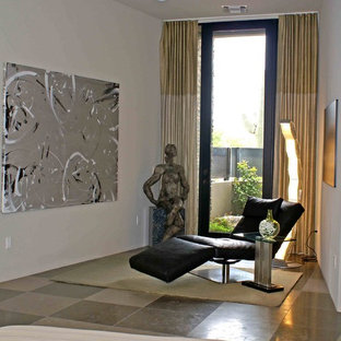 Imagen de dormitorio principal, contemporáneo, grande, con paredes grises y suelo de piedra caliza