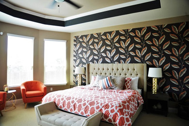 Large transitional master carpeted bedroom photo in Austin with multicolored walls and no fireplace