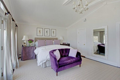 Inspiration for a mid-sized transitional master carpeted bedroom remodel in New York with beige walls and no fireplace
