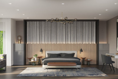 マイアミにある広いコンテンポラリースタイルのおしゃれな主寝室 (塗装フローリング、茶色い床) のインテリア