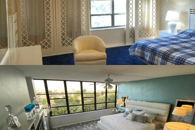 Modelo de dormitorio principal clásico renovado pequeño con paredes azules, moqueta y suelo azul