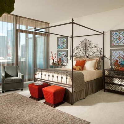 Bedroom - large eclectic master carpeted bedroom idea in Dallas with white walls and no fireplace