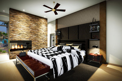 Modelo de dormitorio principal minimalista grande con paredes beige, suelo de madera clara, chimenea de esquina, marco de chimenea de piedra y suelo beige