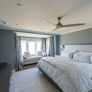 Imagen de dormitorio principal, marinero, grande, sin chimenea, con paredes azules, suelo de madera en tonos medios y suelo marrón