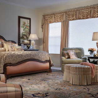 Bedroom - huge traditional master carpeted bedroom idea in Miami with yellow walls
