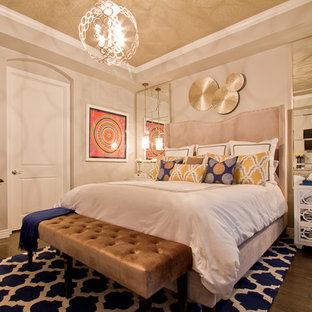 Mid-sized trendy master dark wood floor and brown floor bedroom photo in Denver with beige walls and no fireplace