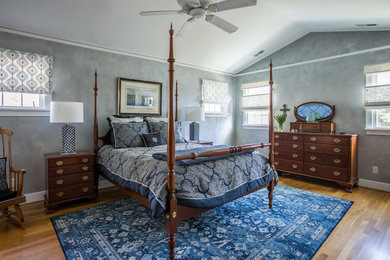 Inspiration for a mid-sized timeless master medium tone wood floor and brown floor bedroom remodel in Richmond with gray walls