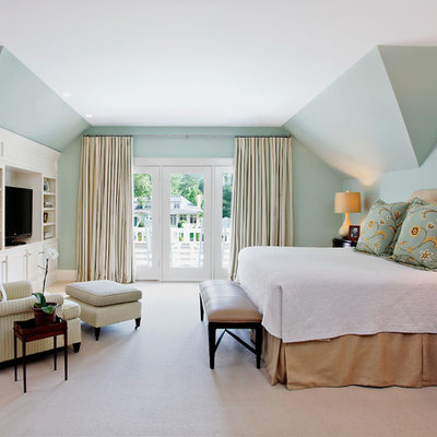 Elegant master carpeted bedroom photo in Cincinnati with blue walls and no fireplace