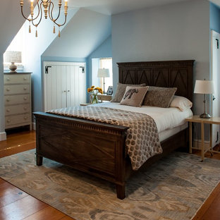 Example of a mid-sized cottage master light wood floor bedroom design in Philadelphia with blue walls and no fireplace