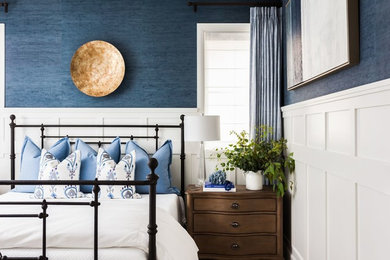 オレンジカウンティにある中くらいなカントリー風のおしゃれな客用寝室 (青い壁、暖炉なし、照明) のインテリア